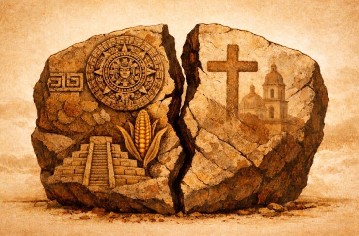 El rey de los españoles reconoce “abusos” en la Conquista. México cuestiona la narrativa histórica Ilustración conceptual de una piedra mesoamericana fracturada que representa la imposición de un orden colonial sobre las civilizaciones originarias.