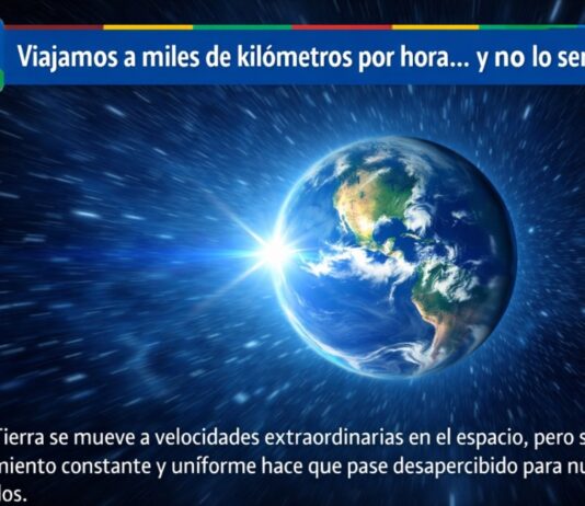 ¿Por qué no sentimos la velocidad a la que viaja la Tierra? Planeta Tierra en el espacio con efecto de movimiento y estrellas difuminadas, iluminado por el Sol desde un costado.