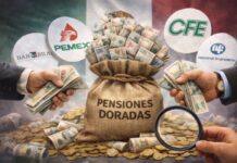 Pensiones doradas: el saqueo que convirtió al país en botín Ilustración conceptual de una bolsa de dinero etiquetada “Pensiones Doradas”, rodeada de billetes y monedas, con logotipos de empresas públicas mexicanas como Pemex y CFE al fondo, simbolizando las pensiones extraordinarias otorgadas a exfuncionarios.
