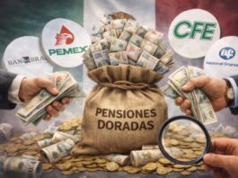 Pensiones doradas: el saqueo que convirtió al país en botín Ilustración conceptual de una bolsa de dinero etiquetada “Pensiones Doradas”, rodeada de billetes y monedas, con logotipos de empresas públicas mexicanas como Pemex y CFE al fondo, simbolizando las pensiones extraordinarias otorgadas a exfuncionarios.