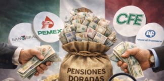 Pensiones doradas: el saqueo que convirtió al país en botín Ilustración conceptual de una bolsa de dinero etiquetada “Pensiones Doradas”, rodeada de billetes y monedas, con logotipos de empresas públicas mexicanas como Pemex y CFE al fondo, simbolizando las pensiones extraordinarias otorgadas a exfuncionarios.