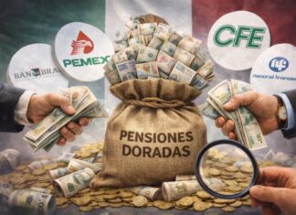 Pensiones doradas: el saqueo que convirtió al país en botín Ilustración conceptual de una bolsa de dinero etiquetada “Pensiones Doradas”, rodeada de billetes y monedas, con logotipos de empresas públicas mexicanas como Pemex y CFE al fondo, simbolizando las pensiones extraordinarias otorgadas a exfuncionarios.