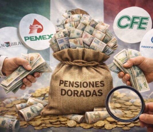 Pensiones doradas: el saqueo que convirtió al país en botín Ilustración conceptual de una bolsa de dinero etiquetada “Pensiones Doradas”, rodeada de billetes y monedas, con logotipos de empresas públicas mexicanas como Pemex y CFE al fondo, simbolizando las pensiones extraordinarias otorgadas a exfuncionarios.