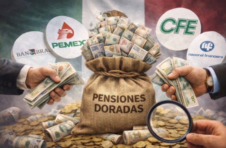 Pensiones doradas: el saqueo que convirtió al país en botín Ilustración conceptual de una bolsa de dinero etiquetada “Pensiones Doradas”, rodeada de billetes y monedas, con logotipos de empresas públicas mexicanas como Pemex y CFE al fondo, simbolizando las pensiones extraordinarias otorgadas a exfuncionarios.