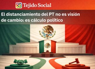 La 4T ante su mayor prueba: no perderse en la política que prometió transformar Ilustración del Congreso mexicano con dos caminos simbólicos: uno representado por un apretón de manos (negociación) y otro por un mazo (decisión institucional), sobre fondo de la bandera nacional.