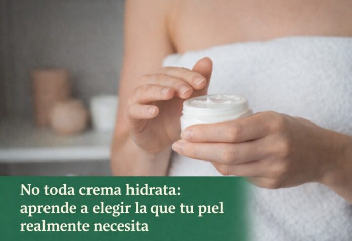 Persona sosteniendo un frasco de crema corporal y tomando producto con los dedos.