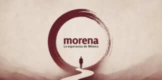 Morena ante su propia prueba de poder Ilustración conceptual de una mesa redonda con una silla central marcada con “Morena”, rodeada de caminos que representan principios y pragmatismo, con fondo de multitudes y símbolos sociales.