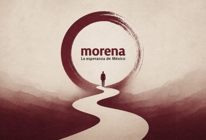 Ilustración conceptual de una mesa redonda con una silla central marcada con “Morena”, rodeada de caminos que representan principios y pragmatismo, con fondo de multitudes y símbolos sociales.