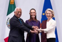 México y Europa firman un nuevo acuerdo: ¿qué significa realmente y por qué importa? Claudia Sheinbaum junto a Ursula von der Leyen y António Costa durante la cumbre entre México y la Unión Europea en Palacio Nacional.
