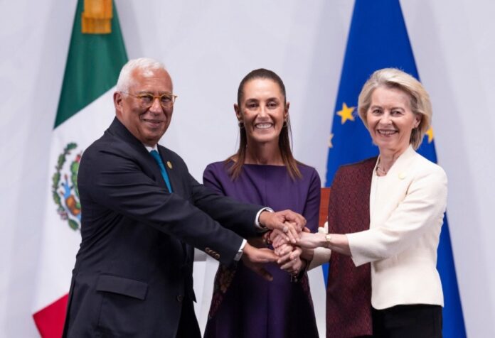 Acuerdo México Unión Europea Claudia Sheinbaum junto a Ursula von der Leyen y António Costa durante la cumbre entre México y la Unión Europea en Palacio Nacional.