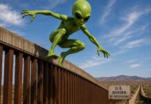 La confusión de los “aliens”: una palabra cambia por completo una noticia Ilustración conceptual de un extraterrestre verde brincando sobre un muro fronterizo en una zona desértica, simbolizando la confusión entre los términos “alien” como extraterrestre y “alien” como extranjero en el lenguaje político estadounidense.