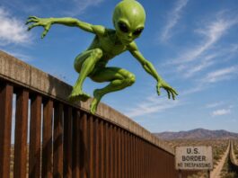 La confusión de los “aliens”: una palabra cambia por completo una noticia Ilustración conceptual de un extraterrestre verde brincando sobre un muro fronterizo en una zona desértica, simbolizando la confusión entre los términos “alien” como extraterrestre y “alien” como extranjero en el lenguaje político estadounidense.