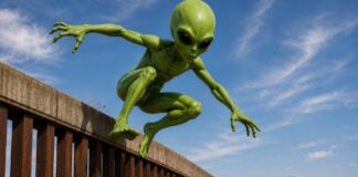 La confusión de los “aliens”: una palabra cambia por completo una noticia Ilustración conceptual de un extraterrestre verde brincando sobre un muro fronterizo en una zona desértica, simbolizando la confusión entre los términos “alien” como extraterrestre y “alien” como extranjero en el lenguaje político estadounidense.
