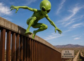 La confusión de los “aliens”: una palabra cambia por completo una noticia Ilustración conceptual de un extraterrestre verde brincando sobre un muro fronterizo en una zona desértica, simbolizando la confusión entre los términos “alien” como extraterrestre y “alien” como extranjero en el lenguaje político estadounidense.