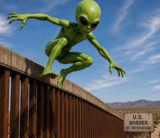 La confusión de los “aliens”: una palabra cambia por completo una noticia Ilustración conceptual de un extraterrestre verde brincando sobre un muro fronterizo en una zona desértica, simbolizando la confusión entre los términos “alien” como extraterrestre y “alien” como extranjero en el lenguaje político estadounidense.