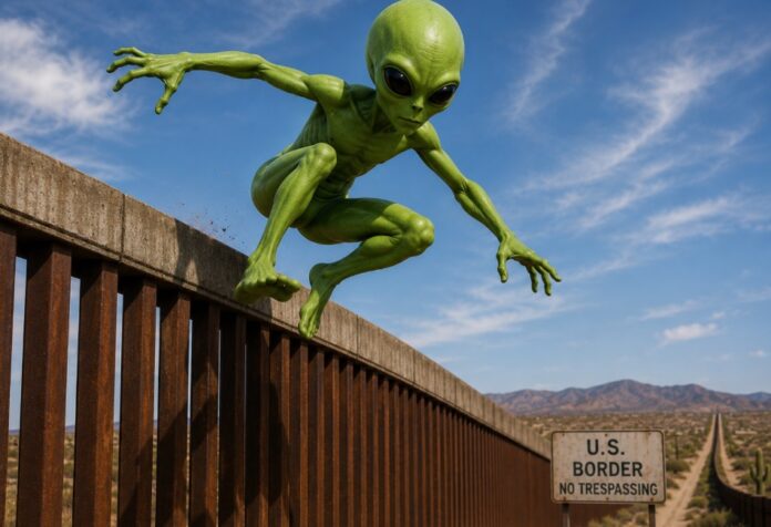 Ilustración conceptual de un extraterrestre verde brincando sobre un muro fronterizo en una zona desértica, simbolizando la confusión entre los términos “alien” como extraterrestre y “alien” como extranjero en el lenguaje político estadounidense.