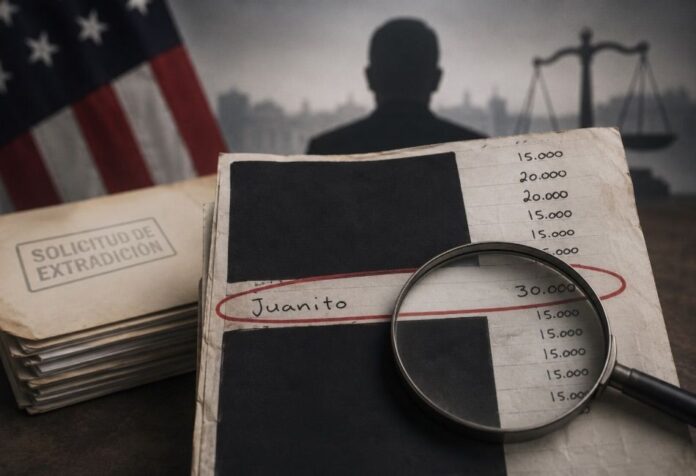 Imagen editorial de un documento parcialmente testado con la palabra “Juanito” y una cifra señalada, en contexto de debate político y jurídico sobre la solicitud de extradición contra Rubén Rocha Moya.