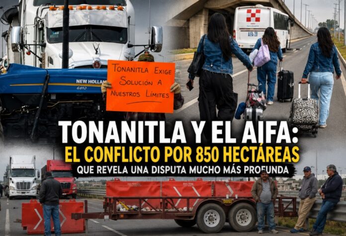 Bloquean acceso al AIFA Personas bloquean accesos vehiculares cercanos al AIFA en medio del conflicto territorial entre Tonanitla y Tecámac por 850 hectáreas en disputa.
