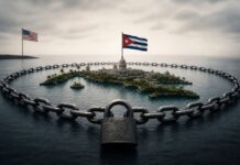 ¿Por qué Estados Unidos bloquea y amenaza a Cuba? Imagen conceptual de la tensión política entre Cuba y Estados Unidos, con símbolos de ambas naciones y elementos de bloqueo económico.