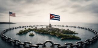 ¿Por qué Estados Unidos bloquea y amenaza a Cuba? Imagen conceptual de la tensión política entre Cuba y Estados Unidos, con símbolos de ambas naciones y elementos de bloqueo económico.