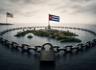 ¿Por qué Estados Unidos bloquea y amenaza a Cuba? Imagen conceptual de la tensión política entre Cuba y Estados Unidos, con símbolos de ambas naciones y elementos de bloqueo económico.