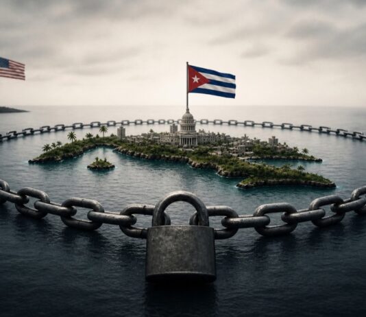 ¿Por qué Estados Unidos bloquea y amenaza a Cuba? Imagen conceptual de la tensión política entre Cuba y Estados Unidos, con símbolos de ambas naciones y elementos de bloqueo económico.