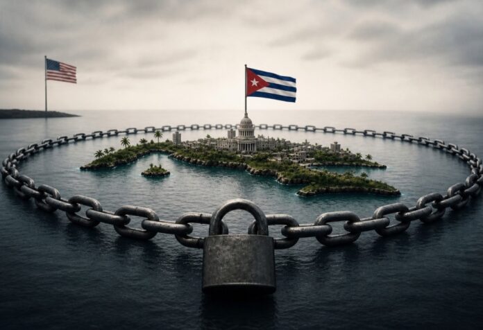 Imagen conceptual de la tensión política entre Cuba y Estados Unidos, con símbolos de ambas naciones y elementos de bloqueo económico.