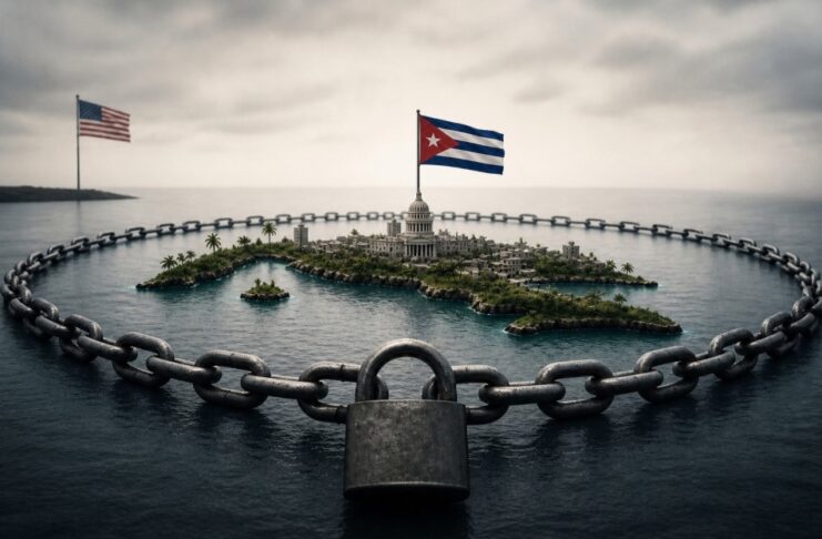 ¿Por qué Estados Unidos bloquea y amenaza a Cuba? Imagen conceptual de la tensión política entre Cuba y Estados Unidos, con símbolos de ambas naciones y elementos de bloqueo económico.