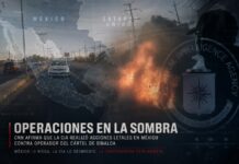 CNN desata tensión diplomática al afirmar que la CIA realizó operaciones letales en México contra el Cártel de Sinaloa Composición editorial con una explosión desenfocada en una carretera, un mapa semitransparente de México y Estados Unidos, y elementos gráficos relacionados con inteligencia y vigilancia internacional.