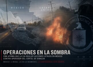 CNN desata tensión diplomática al afirmar que la CIA realizó operaciones letales en México contra el Cártel de Sinaloa Composición editorial con una explosión desenfocada en una carretera, un mapa semitransparente de México y Estados Unidos, y elementos gráficos relacionados con inteligencia y vigilancia internacional.