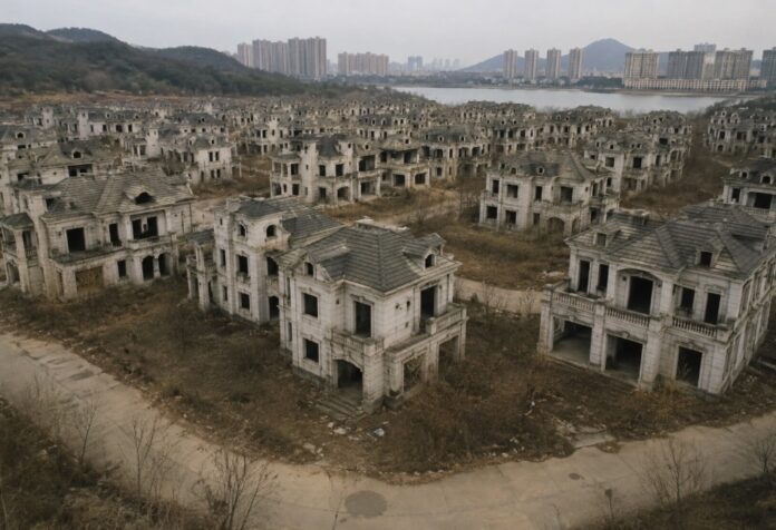 Imagen conceptual de una ciudad fantasma con viviendas abandonadas y paisaje urbano vacío, utilizada para ilustrar la crisis demográfica y la caída de la natalidad.