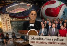 El error político de mezclar educación y el Mundial Composición editorial que muestra un estadio mundialista, un balón del Mundial 2026, la presidenta Claudia Sheinbaum, niños refrescándose por el calor y dirigentes políticos, simbolizando la controversia sobre el calendario escolar, las altas temperaturas y el impacto político del Mundial.