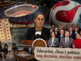 El error político de mezclar educación y el Mundial Composición editorial que muestra un estadio mundialista, un balón del Mundial 2026, la presidenta Claudia Sheinbaum, niños refrescándose por el calor y dirigentes políticos, simbolizando la controversia sobre el calendario escolar, las altas temperaturas y el impacto político del Mundial.
