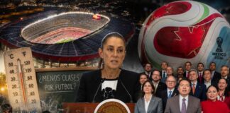 El error político de mezclar educación y el Mundial Composición editorial que muestra un estadio mundialista, un balón del Mundial 2026, la presidenta Claudia Sheinbaum, niños refrescándose por el calor y dirigentes políticos, simbolizando la controversia sobre el calendario escolar, las altas temperaturas y el impacto político del Mundial.