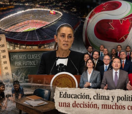 El error político de mezclar educación y el Mundial Composición editorial que muestra un estadio mundialista, un balón del Mundial 2026, la presidenta Claudia Sheinbaum, niños refrescándose por el calor y dirigentes políticos, simbolizando la controversia sobre el calendario escolar, las altas temperaturas y el impacto político del Mundial.