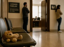 El caso Vicente: ¿el Estado realmente protege a los menores después de asignar una custodia? Pasillo de un juzgado familiar con un peluche sobre una banca en primer plano, mientras dos adultos permanecen separados al fondo cerca de una oficina judicial.