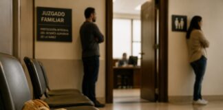 El caso Vicente: ¿el Estado realmente protege a los menores después de asignar una custodia? Pasillo de un juzgado familiar con un peluche sobre una banca en primer plano, mientras dos adultos permanecen separados al fondo cerca de una oficina judicial.