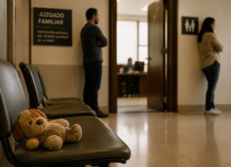 El caso Vicente: ¿el Estado realmente protege a los menores después de asignar una custodia? Pasillo de un juzgado familiar con un peluche sobre una banca en primer plano, mientras dos adultos permanecen separados al fondo cerca de una oficina judicial.