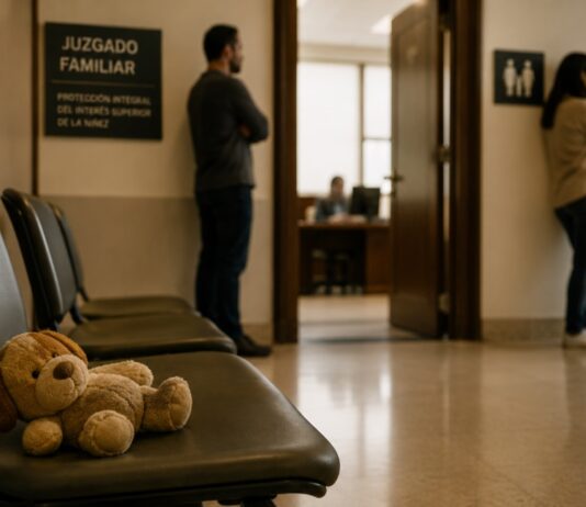El caso Vicente: ¿el Estado realmente protege a los menores después de asignar una custodia? Pasillo de un juzgado familiar con un peluche sobre una banca en primer plano, mientras dos adultos permanecen separados al fondo cerca de una oficina judicial.