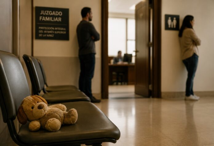 Pasillo de un juzgado familiar con un peluche sobre una banca en primer plano, mientras dos adultos permanecen separados al fondo cerca de una oficina judicial.