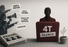 El silencio político de la 4T no es la respuesta adecuada al señalamiento de “narco gobierno” Ilustración editorial minimalista donde figuras señalan y lanzan acusaciones contra la 4T mientras una persona permanece en silencio de espaldas, simbolizando la presión mediática y política sobre el gobierno.
