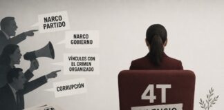 El silencio político de la 4T no es la respuesta adecuada al señalamiento de “narco gobierno” Ilustración editorial minimalista donde figuras señalan y lanzan acusaciones contra la 4T mientras una persona permanece en silencio de espaldas, simbolizando la presión mediática y política sobre el gobierno.