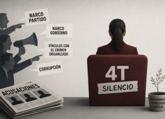 El silencio político de la 4T no es la respuesta adecuada al señalamiento de “narco gobierno” Ilustración editorial minimalista donde figuras señalan y lanzan acusaciones contra la 4T mientras una persona permanece en silencio de espaldas, simbolizando la presión mediática y política sobre el gobierno.