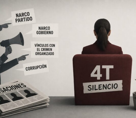El silencio político de la 4T no es la respuesta adecuada al señalamiento de “narco gobierno” Ilustración editorial minimalista donde figuras señalan y lanzan acusaciones contra la 4T mientras una persona permanece en silencio de espaldas, simbolizando la presión mediática y política sobre el gobierno.