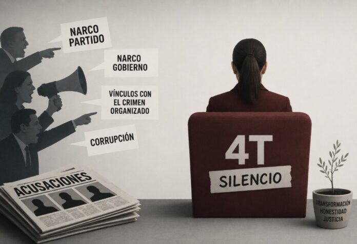 El silencio político de la 4T Ilustración editorial minimalista donde figuras señalan y lanzan acusaciones contra la 4T mientras una persona permanece en silencio de espaldas, simbolizando la presión mediática y política sobre el gobierno.