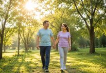 Estos son los meses en que el sol más daña tu piel Pareja de adultos caminando por un parque arbolado bajo la luz intensa del sol en una mañana despejada.