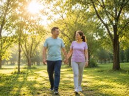 Estos son los meses en que el sol más daña tu piel Pareja de adultos caminando por un parque arbolado bajo la luz intensa del sol en una mañana despejada.