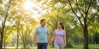 Estos son los meses en que el sol más daña tu piel Pareja de adultos caminando por un parque arbolado bajo la luz intensa del sol en una mañana despejada.