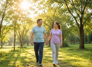 Estos son los meses en que el sol más daña tu piel Pareja de adultos caminando por un parque arbolado bajo la luz intensa del sol en una mañana despejada.