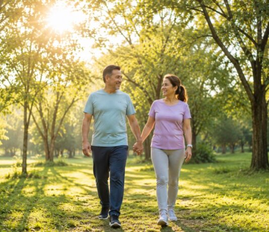Estos son los meses en que el sol más daña tu piel Pareja de adultos caminando por un parque arbolado bajo la luz intensa del sol en una mañana despejada.